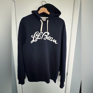 L.L. Bean Men's Dark Blue Hoodie w/ White Script Logo & Cream Hoodie Medium Tall